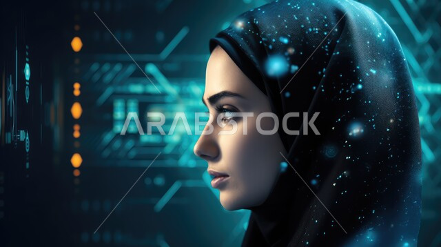  الكتولوجيا وتحقيق الثورة الصناعية, النمو التكنولوجي والتطور الالكتروني, الشاشات الحديثة والاختراعات المتطورة, صورة مقربة من الجانب لإمرأة عربية خليجية سعودية محجبة تنظر الى الشاشة الرقمية, رؤية السعودية 2023, خلفية هولوجرامية ثلاثية الابعاد