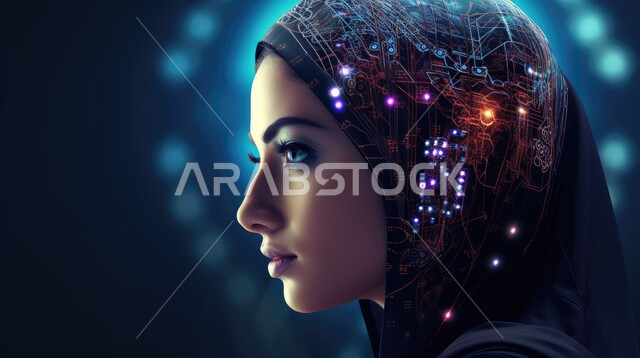 النمو التكنولوجي والتطور الالكتروني, الكتولوجيا وتحقيق الثورة الصناعية, العمل بمخططات تقنية, صورة مقربة من الجانب لرأس إمرأة عربية خليجية سعودية محجبة بداخله شرائح الكترونية, رؤية السعودية 2023, خلفية هولوجرامية ثلاثية الابعاد