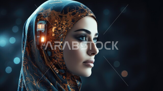 العمل بمخططات تقنية, النمو التكنولوجي والتطور الالكتروني, الكتولوجيا وتحقيق الثورة الصناعية, صورة مقربة من الجانب لرأس إمرأة عربية خليجية سعودية محجبة بداخله شرائح الكترونية, رؤية السعودية 2023, خلفية هولوجرامية ثلاثية الابعاد