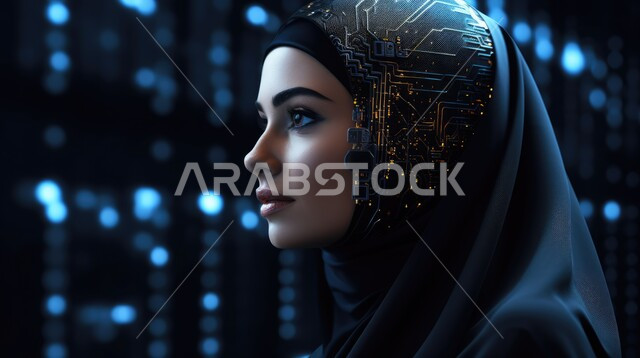 الابتكار والعلوم وتكنولوجيا الذكاء الاصطناعي, النمو التكنولوجي والتطور الالكتروني, الكتولوجيا وتحقيق الثورة الصناعية, العمل بمخططات تقنية, صورة مقربة من الجانب لرأس إمرأة عربية خليجية سعودية محجبة بداخله شرائح الكترونية, رؤية السعودية 2023, خلفية ثلاثية الابعاد