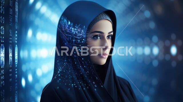 Catology and achieving the industrial revolution, innovation, science and artificial intelligence technology, technological growth and electronic development, working with technical plans, a close-up photo from the side of the head of a veiled Saudi Gulf Arab woman with electronic chips inside it, Saudi Vision 2023, 3D background