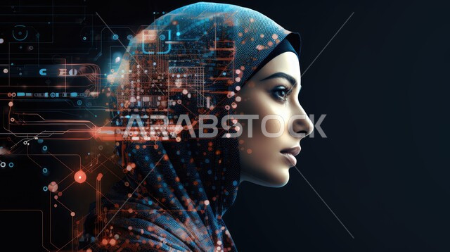 العمل بمخططات تقنية, الابتكار والعلوم وتكنولوجيا الذكاء الاصطناعي, النمو التكنولوجي والتطور الالكتروني, الكتولوجيا وتحقيق الثورة الصناعية, صورة مقربة من الجانب لرأس إمرأة عربية خليجية سعودية محجبة بداخله شرائح الكترونية, رؤية السعودية 2023, خلفية ثلاثية الابعاد