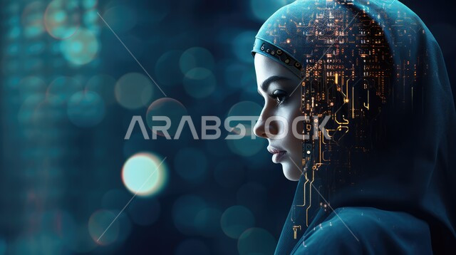 Innovation, science and artificial intelligence technology, technological growth and electronic development, technology and achieving the industrial revolution, working with technical plans, a close-up photo from the side of the head of a veiled Saudi Arabian Gulf woman with electronic chips inside it, Saudi Vision 2023, 3D background