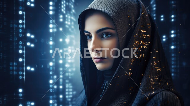 تصاميم بتقنيات عالية, النمو التكنولوجي والتطور الالكتروني, صورة مقربة من الجانب لامرأة عربية خليجية سعودية محجبة تقف امام شاشة بيانات, العمل بمخططات تقنية حديثة, شبكة بيانات ضخمة ومتطورة, التطور التكنولوجي وتحقيق الثورة الصناعية