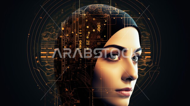 الكتولوجيا وتحقيق الثورة الصناعية, النمو التكنولوجي والتطور الالكتروني, العمل بمخططات تقنية, صورة مقربة من الجانب لرأس إمرأة عربية خليجية سعودية محجبة بداخله شرائح الكترونية, رؤية السعودية 2023, خلفية سوداء