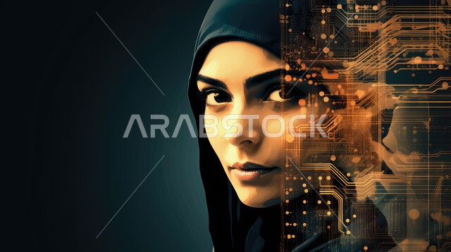 دمج التقنية و التكنولوجية في الحياة العملية، امرأة عربية خليجية سعودية تنظر بتعابير وايماءات الحدة والتركيز لإنجاز المهام، تحقيق الثورة الصناعية، استخدام الأجهزة التكنولوجية الحديثة والمتطورة, استعمال شاشات الكترونية حديثة