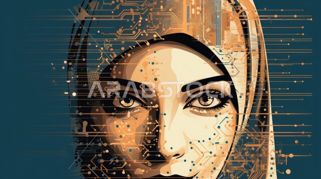  استخدام الأجهزة التكنولوجية الحديثة والمتطورة, استعمال شاشات الكترونية حديثة, دمج التقنية و التكنولوجية في الحياة العملية، امرأة عربية خليجية سعودية تنظر بتعابير وايماءات الحدة والتركيز لإنجاز المهام، تحقيق الثورة الصناعية