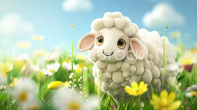 رسوم بيانيه ثري دي لحيوان الغنم الثدي الاليف، قربان و أضحية عيد الاضحى المبارك، مجسم ثلاثي الابعاد لحيوان الخاروف الابيض على المروج الخضراء بين الزهور، أعياد دينيه إسلاميه