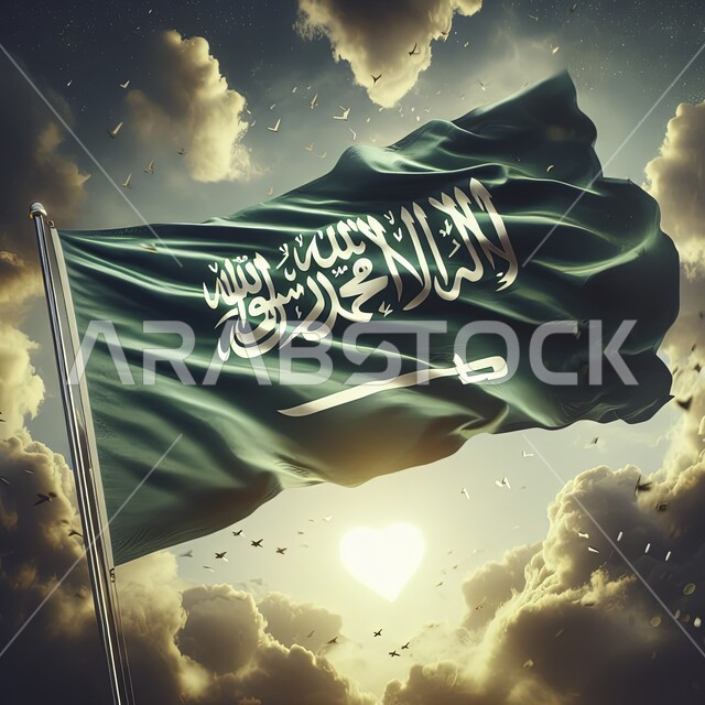 الاحتفال بيوم العلم السعودي 11 مارس، خلفية السماء المليئة بالغيوم البيضاء، رمز المملكة العربية السعودية، ذكرى اليوم الوطني 23 سبتمبر، راية التوحيد والإسلام وشعار الهوية الوطنية، صورة مقربة لعلم السعودية مرفرف في السماء في وقت النهار