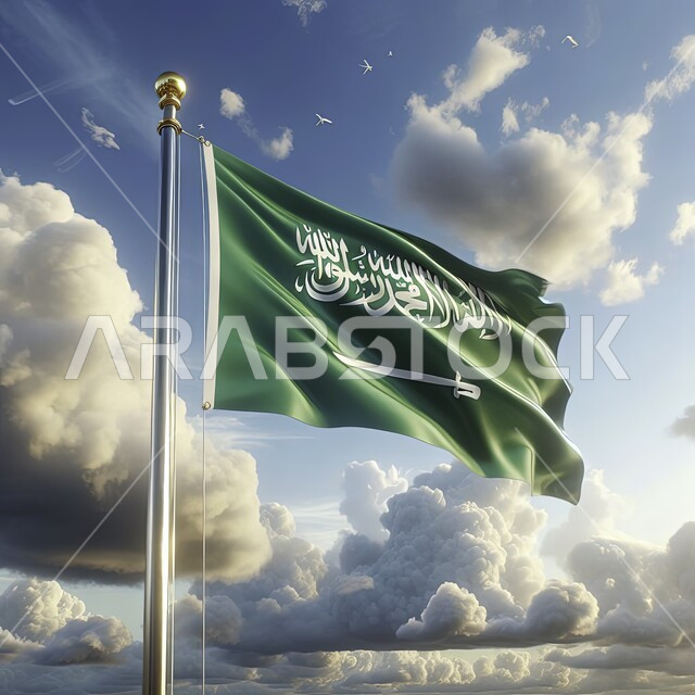 خلفية السماء المليئة بالغيوم البيضاء، رمز المملكة العربية السعودية، ذكرى اليوم الوطني 23 سبتمبر، راية التوحيد والإسلام وشعار الهوية الوطنية، صورة مقربة لعلم السعودية مرفرف في السماء في وقت النهار، الاحتفال بيوم العلم السعودي 11 مارس