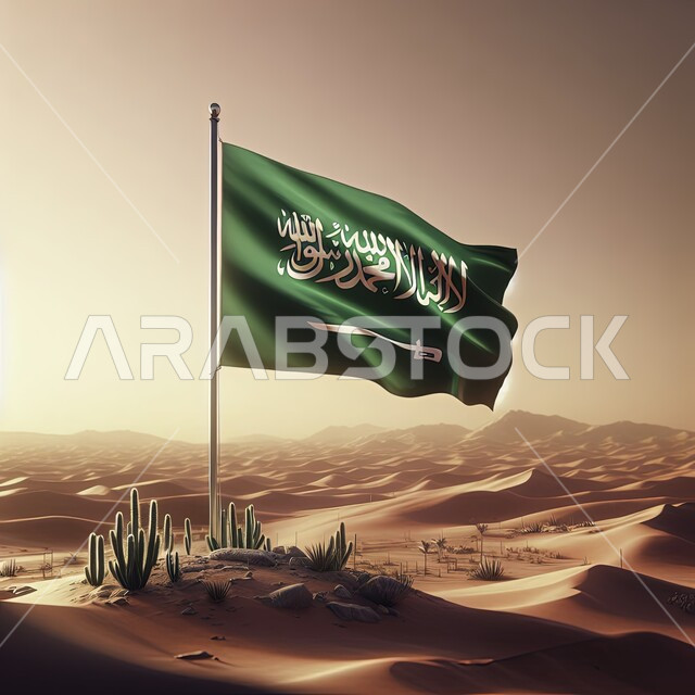 مناسبات واحتفالات وطنية، الاحتفال بيوم العلم 11 مارس، الهضاب والتلال الرملية الناعمة في المناطق الصحراوية، علم المملكة المرفرف مغروس في الرمال الذهبية, اظهار الفخر والاعتزاز بالانتماء للوطن, الاحتفال باليوم الوطني السعودي 23 سبتمبر