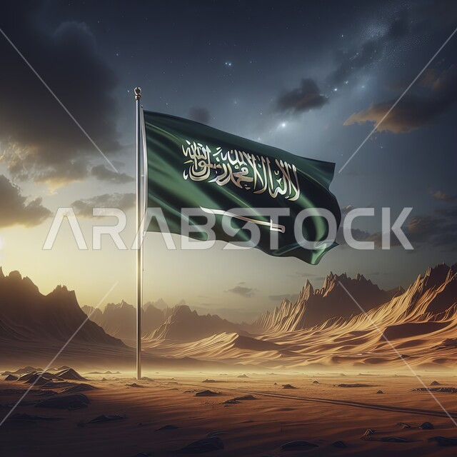 مناسبات واحتفالات وطنية، الاحتفال بيوم العلم 11 مارس، الهضاب والتلال الرملية الناعمة في المناطق الصحراوية، علم المملكة المرفرف مغروس في الرمال الذهبية, اظهار الفخر والاعتزاز بالانتماء للوطن, الاحتفال باليوم الوطني السعودي 23 سبتمبر