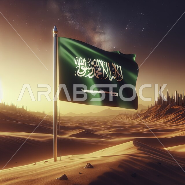 The flying flag of the Kingdom planted in the golden sand, showing pride and pride in belonging to the homeland, celebrating Saudi National Day September 23, national events and celebrations, celebrating Flag Day March 11, soft sand plateaus and hills in desert areas
