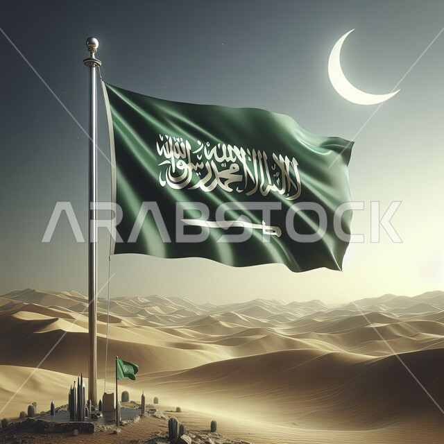The flying flag of the Kingdom planted in the golden sand, showing pride and pride in belonging to the homeland, celebrating Saudi National Day September 23, national events and celebrations, celebrating Flag Day March 11, soft sand plateaus and hills in desert areas