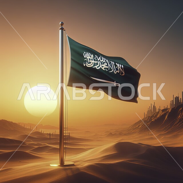 الهضاب والتلال الرملية الناعمة في المناطق الصحراوية, علم المملكة المرفرف مغروس في الرمال الذهبية, اظهار الفخر والاعتزاز بالانتماء للوطن, الاحتفال باليوم الوطني السعودي 23 سبتمبر, مناسبات واحتفالات وطنية، الاحتفال بيوم العلم 11 مارس