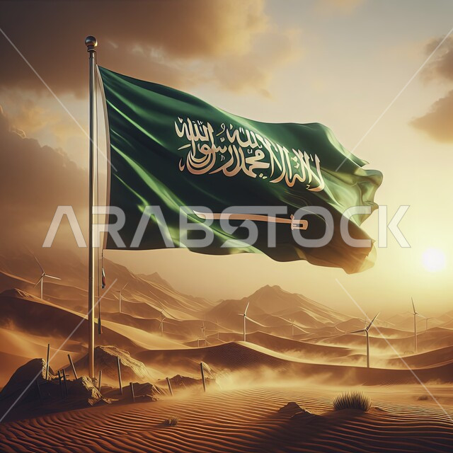  التلال والهضاب الرملية الناعمة في المناطق الصحراوية, علم المملكة المرفرف مغروس في الرمال الذهبية, اظهار الفخر والاعتزاز بالانتماء للوطن, الاحتفال باليوم الوطني السعودي 23 سبتمبر, مناسبات واحتفالات وطنية، الاحتفال بيوم العلم 11 مارس