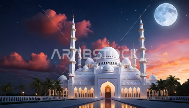 الديكورات والتصاميم الخارجية الحديثة لبناء مسجد باللون الأبيض, أماكن إسلامية مقدسة، نداء المسلمين لأداء الفرائض والصلوات, العبادة والتقرب من الله, الفن الهندسي المعماري لبناء المساجد في المملكة العربية السعودية, خلفية السماء مع القمر المكتمل