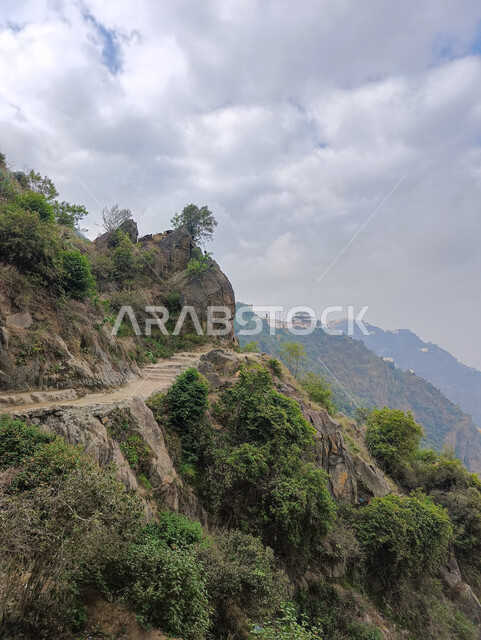 Enjoying the natural scenery and spending a pleasant and quiet time, agricultural terraces on the mountain peaks and heights in the city of Jazan, famous tourist places and landmarks, a close-up of an old mountain road in the Faifa Governorate in the Kingdom of Saudi Arabia, trees and green plants on the slopes of the mountains
