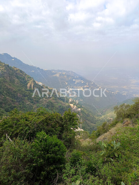 منظر السماء المليئة بالغيوم البيضاء فوق سفوح الجبال، النباتات الخضراء والأشجار، المعالم الاثرية التاريخية على القمم والمرتفعات الجبلية في مدينة جازان، المباني القديمة في محافظة فيفاء في المملكة العربية السعودية، خلفية الطبيعة