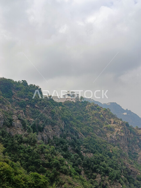 النباتات الخضراء والأشجار، السماء المليئة بالغيوم البيضاء فوق سفوح الجبال، المعالم الاثرية التاريخية على القمم والمرتفعات الجبلية في مدينة جازان، المباني القديمة في محافظة فيفاء في المملكة العربية السعودية، خلفية الطبيعة