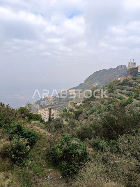 المعالم الاثرية التاريخية على القمم والمرتفعات الجبلية في مدينة جازان، المباني القديمة في محافظة فيفاء في المملكة العربية السعودية، الأشجار والنباتات الخضراء على سفوح الجبال، خلفية الطبيعة