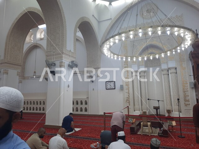 The architectural engineering art of mosques in the Islamic style, with names from all over the world, sacred Islamic religious landmarks and places in the Kingdom of Saudi Arabia, a picture from inside the Qiblatain Mosque in Medina, worship and getting closer to God