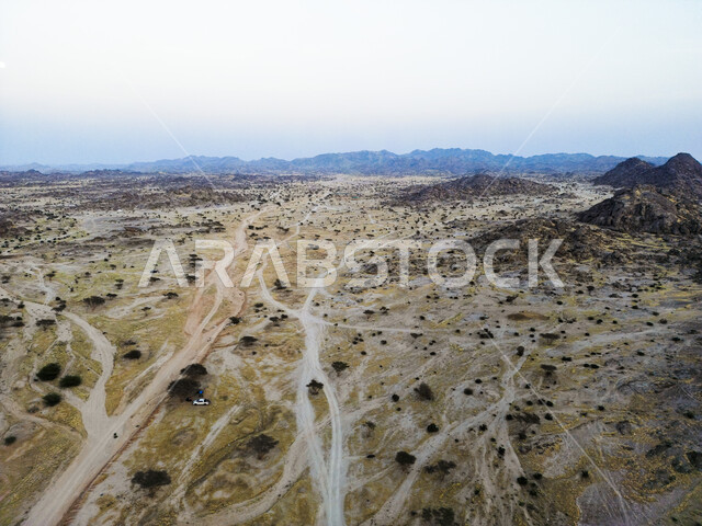 المناظر الطبيعية في المناطق النائية، نمو النباتات الخضراء والأعشاب البرية في الأراضي الصحراوية، صورة جوية للبراري والصحراء في المملكة العربية السعودية، خلفية الطبيعة