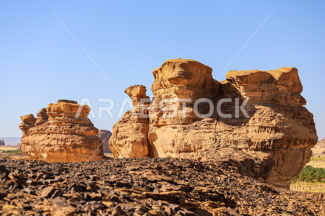 التكوينات والتشكيلات الصخرية في محافظة العلا في السعودية, الحضارة والآثار التاريخية القديمة، التضاريس في القمم والمرتفعات الجبلية، أماكن طبيعية سياحية مشهورة، النحت الصخري في المناطق الصحراوية في النهار 