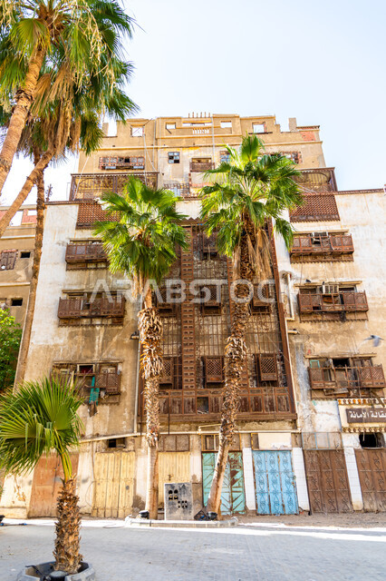 البيوت الأثرية في البلد التاريخي في جدة, أماكن سياحية تراثية شعبية في المملكة العربية السعودية، المعالم التاريخية في حي البلد في النهار، الاهتمام بزراعة أشجار النخيل الخضراء في المدينة التاريخية، الرواشين القديمه في جدة بتصميم معماري عربي و إسلامي قديم
