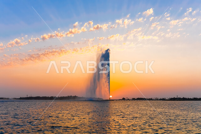 منظر السماء والغيوم أثناء غروب الشمس، أماكن ومعالم جذب سياحي، مناظر طبيعية مشهورة في المملكة العربية السعودية، الواجهه البحرية وكورنيش مدينة جدة عروس البحر، نافورة الملك فهد في البحر الأحمر