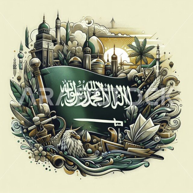 المساجد الإسلامية في مدن المملكة العربية السعودية، ذكرى العيد الوطني 23 سبتمبر، الاحتفال بيوم العلم السعودي 11 مارس، أماكن ومعالم دينية للعبادة والتقرب إلى الله،  رمز وشعار وهوية الوطن، الفخر والاعتزاز بإنجازات البلاد، خلفية بيضاء