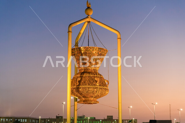 ميدان الفوانيس في مدينة جدة، النمو والتقدم العمراني، مجسمات الميادين الفنية في شوارع المدن السياحية في المملكة العربية السعودية، المتحف العالمي المفتوح، تطوير أحياء وطرقات البلاد، صورة مقربة لفانوس كبير مضيء أثناء غروب الشمس