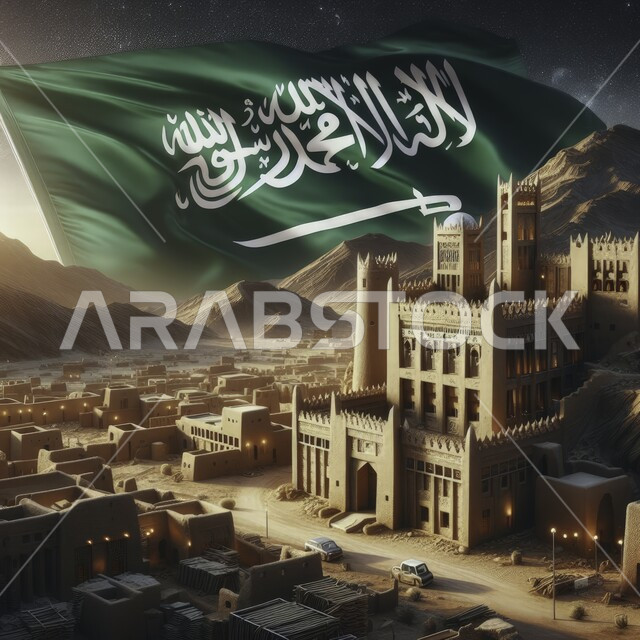 Soft sandy hills and plateaus in desert areas, the Kingdom’s flag flying over historical and heritage palaces and castles, showing pride and pride in belonging to the homeland, celebrating Saudi National Day September 23, national events and celebrations, celebrating Flag Day March 11