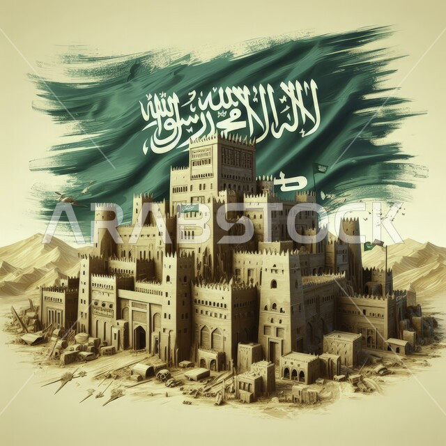Soft sandy hills and plateaus in desert areas, the Kingdom’s flag flying over historical and heritage palaces and castles, showing pride and pride in belonging to the homeland, celebrating Saudi National Day September 23, national events and celebrations, celebrating Flag Day March 11