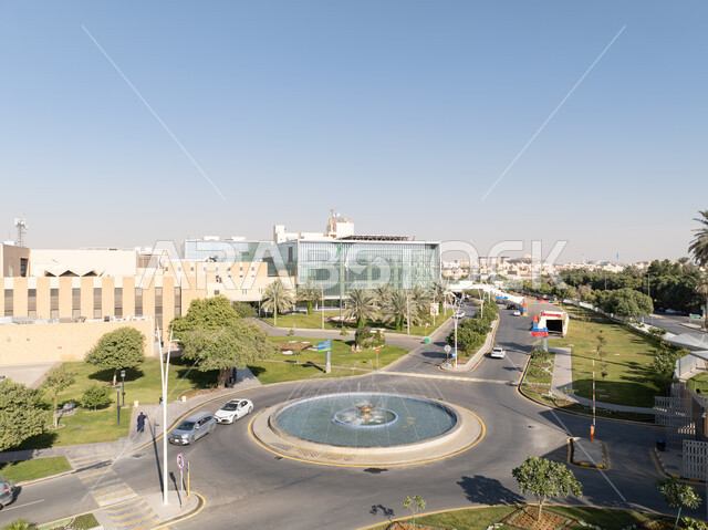 مركز أبحاث مستشفى الملك فيصل التخصصي في مدينة الرياض في النهار، الطرق والشوارع المعبدة في المملكة، التطور والتقدم العمراني، الأشجار والمروج والنباتات الخضراء حول المستشفيات, مراكز الخدمات والعناية الطبية بالمرضى في السعودية