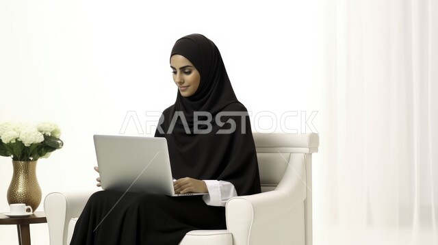 مهن ووظائف مكتبية نسائية, إدارة وتنظيم الأعمال والمهام, امرأة عربية خليجية سعودية مبتسمة محجبة تستخدم جهاز الحاسوب المحمول, بيئة العمل المريحة في الشركات السعودية، استخدام الأجهزة التقنية الحديثة