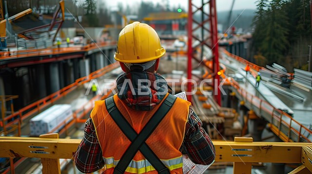 Supervision and follow-up of construction works, a picture from the back of a Saudi Gulf Arab engineer wearing a helmet and a protective vest standing at the construction site, supervising architectural works, engineering professions and jobs, working in the Saudi engineering sector