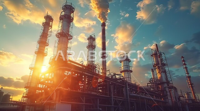 منظر دخان المعامل في الجو, هندسات ومعدات ومستودعات صناعية ضخمة, صورة مقربة لمصنع تكرير النفط والغاز في الغروب, مشاريع صناعية بتروكيماوية, النمو والتقدم الاقتصادي, انتاج البترول في المملكة العربية السعودية