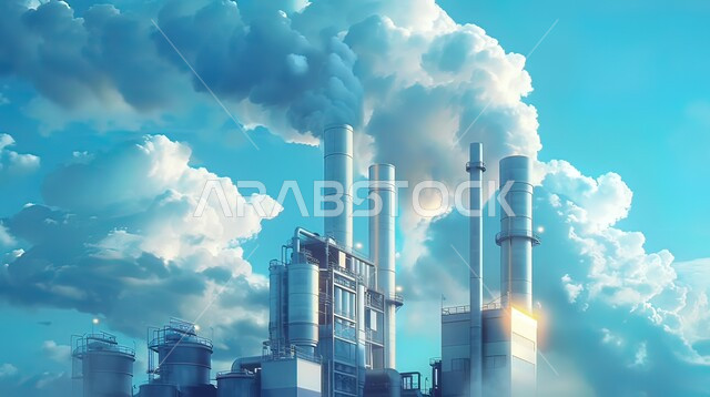 هندسات ومعدات ومستودعات صناعية ضخمة, صورة مقربة لمصنع تكرير النفط والغاز, مشاريع صناعية بتروكيماوية, النمو والتقدم الاقتصادي, انتاج البترول في المملكة العربية السعودية, منظر دخان المعامل في الجو