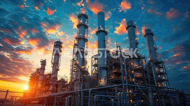 منظر دخان المعامل في الجو, هندسات ومعدات ومستودعات صناعية ضخمة, صورة مقربة لمصنع تكرير النفط والغاز في الغروب, مشاريع صناعية بتروكيماوية, النمو والتقدم الاقتصادي, انتاج البترول في المملكة العربية السعودية