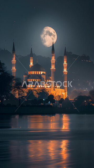 منظر لانعكاس ضوء القمر على الماء ليلا ، الفن الهندسي المعماري للمساجد، ديكورات وتصاميم على الطراز الإسلامي، العبادة والتقرب إلى الله، آداء الفرائض والصلوات، القبب والمآذن المضيئة، خلفيات وأجواء رمضانية