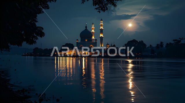 منظر لانعكاس ضوء القمر على الماء ليلا ، الفن الهندسي المعماري للمساجد، ديكورات وتصاميم على الطراز الإسلامي، العبادة والتقرب إلى الله، آداء الفرائض والصلوات، القبب والمآذن المضيئة، خلفيات وأجواء رمضانية