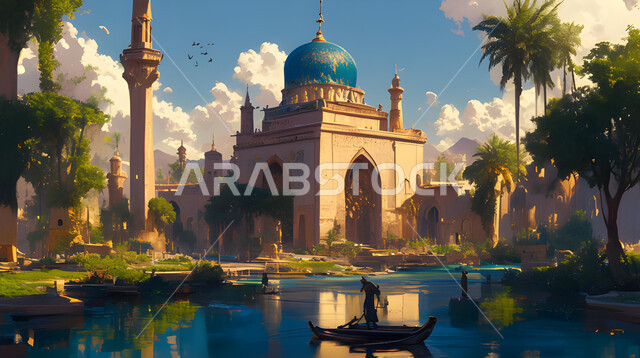 Performing religious duties and prayers, taking care of landscaping and green plants, the architectural art of a mosque next to a lake, decorations and designs in the Islamic style, worship and getting closer to God, distinctive domes and minarets, Ramadan backgrounds and atmosphere