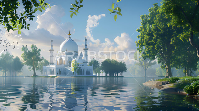 The architectural art of a mosque next to a lake of water, worship and getting closer to God, interest in landscaping and green plants, decorations and designs in the Islamic style, performing obligatory prayers and prayers, distinctive domes and minarets, Ramadan backgrounds and atmosphere