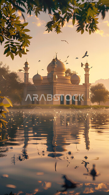 Worship and getting closer to God, interest in landscaping and green plants, the architectural art of a mosque next to a lake, decorations and designs in the Islamic style, performing obligatory prayers and prayers, distinctive domes and minarets, Ramadan backgrounds and atmosphere