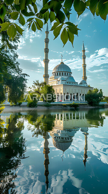 Interest in landscaping and green plants, the architectural art of a mosque next to a lake, decorations and designs in the Islamic style, worship and getting closer to God, performing obligatory prayers and prayers, distinctive domes and minarets, Ramadan backgrounds and atmosphere