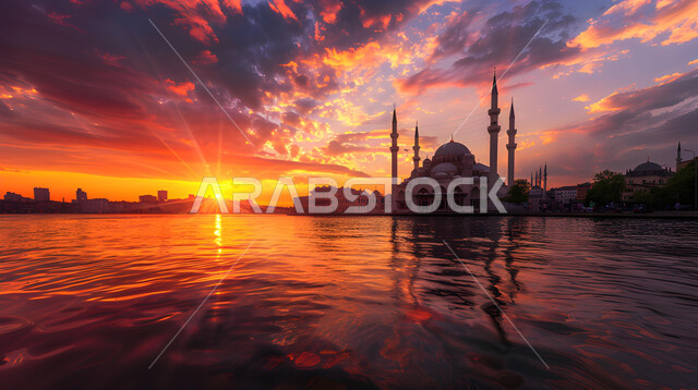 آداء الفرائض والصلوات، منظر الغيوم في السماء وقت الغروب، الفن الهندسي المعماري للمساجد المطلة على البحر، ديكورات وتصاميم على الطراز الإسلامي، العبادة والتقرب إلى الله، خلفيات وأجواء رمضانية، المناظر الطبيعية المتميزة