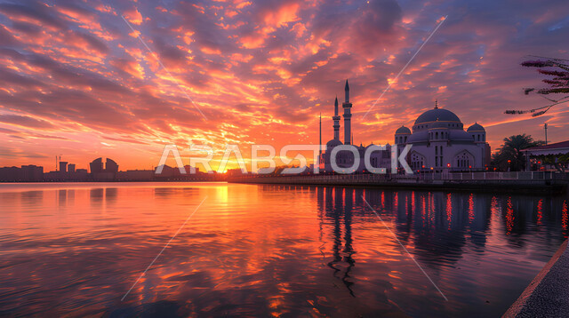 آداء الفرائض والصلوات، منظر الغيوم في السماء وقت الغروب، الفن الهندسي المعماري للمساجد المطلة على البحر، ديكورات وتصاميم على الطراز الإسلامي، العبادة والتقرب إلى الله، خلفيات وأجواء رمضانية، المناظر الطبيعية المتميزة