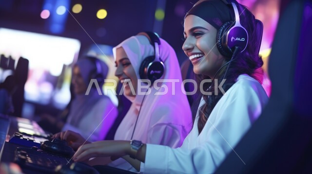 الاستمتاع بالتقنيات والتكنولوجيا الحديثة، نساء عربيات سعوديات خليجيات محجبات مبتسمات يرتدون سماعة الرأس و يلعبون بألعاب الفيديو، المتعة و التسلية باللعب الجماعي، برامج الكمبيوتر الترفيهية، الشعور بالسعادة والفرح
