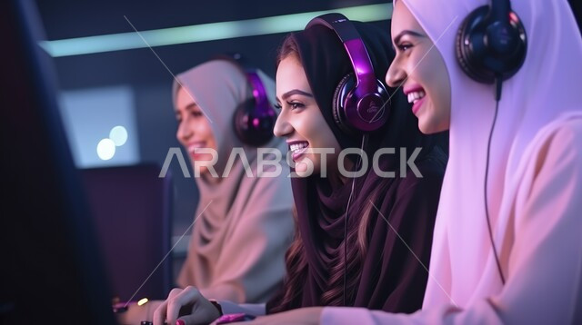 الاستمتاع بالتقنيات والتكنولوجيا الحديثة، نساء عربيات سعوديات خليجيات محجبات مبتسمات يرتدون سماعة الرأس و يلعبون بألعاب الفيديو، المتعة و التسلية باللعب الجماعي، برامج الكمبيوتر الترفيهية، الشعور بالسعادة والفرح